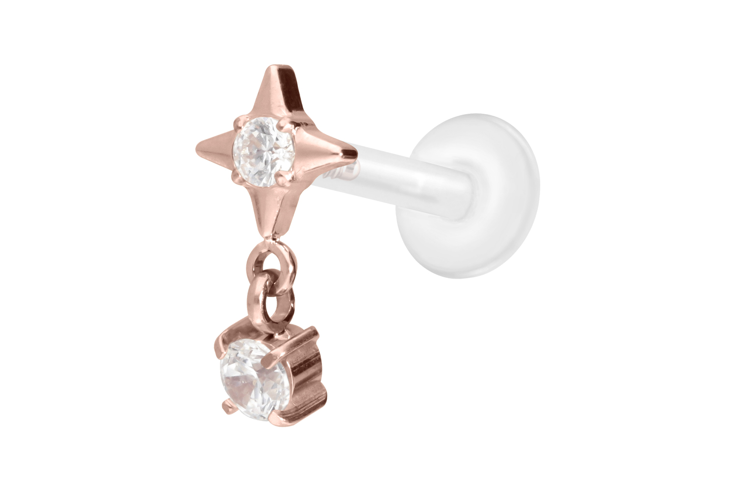 PTFE Labret mit Innengewinde + Titan-Aufsatz STERN + KRISTALL | RO = Roségoldfarben | 1,2 | 8 | IXP5131_[281303]